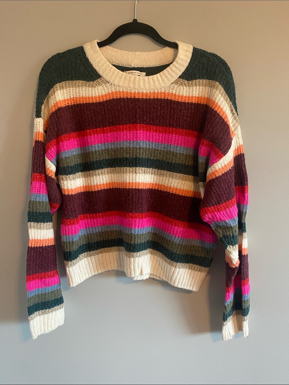 American Eagle Striped Crewneck Sweater in Cream, Burgundy & Pink